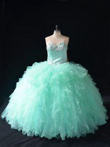 Low Price Apple Green Tulle Lace Up Sweetheart Sleeveless Floor Length Sweet 16 Dresses Beading and Ruffles