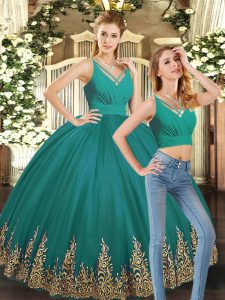  V-neck Sleeveless Backless Quinceanera Dresses Turquoise Tulle