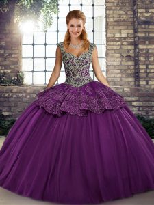 Discount Purple Ball Gowns Tulle Straps Sleeveless Beading and Appliques Floor Length Lace Up Vestidos de Quinceanera