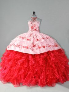 Popular Red Quinceanera Dresses Sweet 16 and Quinceanera with Embroidery and Ruffles Halter Top Sleeveless Court Train Lace Up