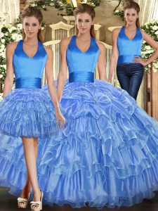 Fitting Floor Length Ball Gowns Sleeveless Baby Blue 15th Birthday Dress Lace Up