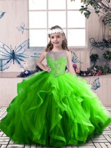 Affordable Tulle Lace Up Kids Formal Wear Sleeveless Floor Length Beading and Ruffles