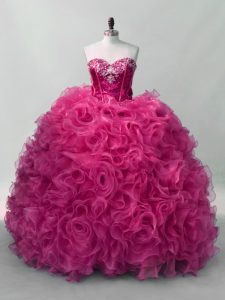  Hot Pink Ball Gowns Organza Sweetheart Sleeveless Ruffles and Sequins Floor Length Lace Up Ball Gown Prom Dress