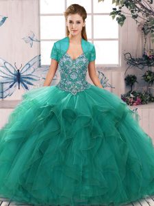  Turquoise Tulle Lace Up Quinceanera Dress Sleeveless Floor Length Beading and Ruffles