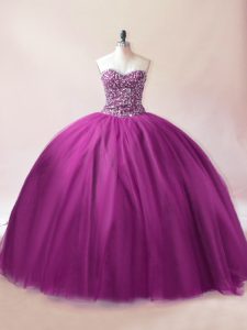 Modest Beading Ball Gown Prom Dress Purple Lace Up Sleeveless Floor Length