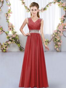  Chiffon V-neck Sleeveless Lace Up Beading and Belt Dama Dress for Quinceanera in Wine Red