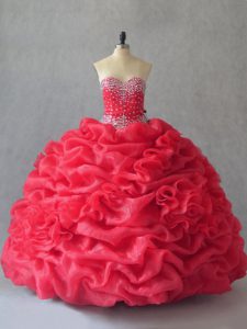 Exquisite Coral Red Ball Gowns Beading and Pick Ups Quince Ball Gowns Lace Up Sleeveless Floor Length