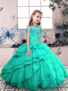  High-neck Sleeveless Lace Up Kids Formal Wear Turquoise Organza