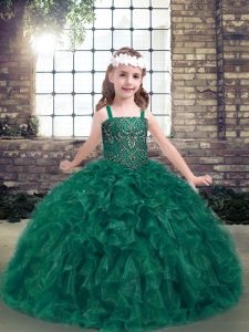  Dark Green Straps Neckline Beading and Ruffles Little Girl Pageant Dress Sleeveless Lace Up