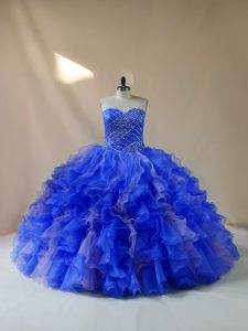 Fancy Sweetheart Sleeveless 15 Quinceanera Dress Floor Length Beading and Ruffles Royal Blue Organza