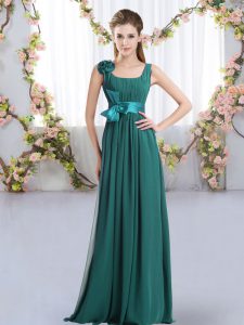 Low Price Peacock Green Chiffon Zipper Damas Dress Sleeveless Floor Length Belt and Hand Made Flower