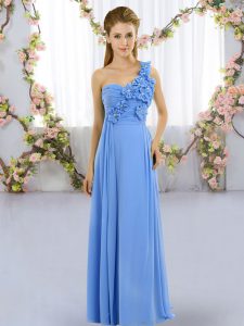  Chiffon One Shoulder Sleeveless Lace Up Hand Made Flower Dama Dress for Quinceanera in Blue