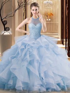 Fashionable Blue Halter Top Neckline Beading and Ruffles Sweet 16 Dress Sleeveless Lace Up