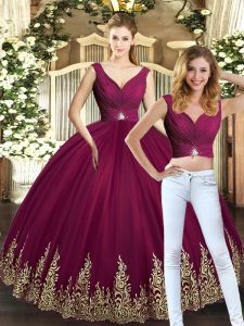 Luxurious Burgundy V-neck Neckline Beading and Appliques Quinceanera Dresses Sleeveless Backless