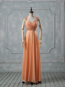 Spectacular Straps Sleeveless Prom Dress Floor Length Beading and Ruching Orange Chiffon