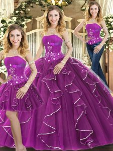  Sleeveless Tulle Floor Length Lace Up Quinceanera Gown in Purple with Beading and Ruffles