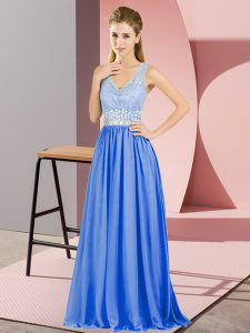 Dynamic Chiffon V-neck Sleeveless Backless Beading and Lace Homecoming Dress in Blue