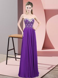 Lovely Purple Empire Sweetheart Sleeveless Chiffon Floor Length Zipper Beading Prom Gown