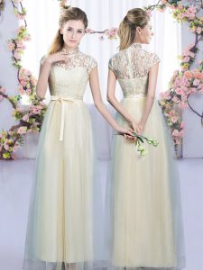  Champagne Tulle Zipper High-neck Cap Sleeves Floor Length Quinceanera Court Dresses Lace and Bowknot