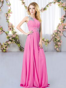  Rose Pink Empire One Shoulder Sleeveless Chiffon Floor Length Zipper Beading Quinceanera Court of Honor Dress