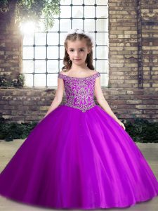 Wonderful Floor Length Purple Child Pageant Dress Tulle Sleeveless Beading