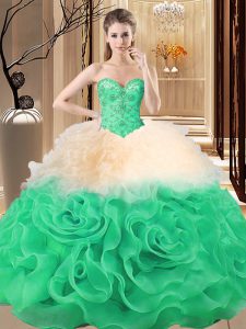  Fabric With Rolling Flowers Sweetheart Sleeveless Lace Up Beading and Ruffles Ball Gown Prom Dress in Multi-color