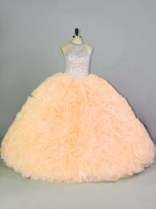 Deluxe Peach Sleeveless Floor Length Beading and Ruffles Lace Up Ball Gown Prom Dress