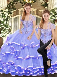 Chic Floor Length Lace Up Quinceanera Dresses Lavender for Military Ball and Sweet 16 and Quinceanera with Beading and Ruffled Layers