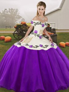  White And Purple 15th Birthday Dress Military Ball and Sweet 16 and Quinceanera with Embroidery Off The Shoulder Sleeveless Lace Up