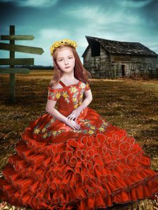 Hot Selling Orange Red Off The Shoulder Lace Up Embroidery and Ruffled Layers Little Girls Pageant Dress Short Sleeves
