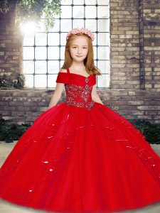Fantastic Red Sleeveless Tulle Lace Up Little Girls Pageant Gowns for Party and Sweet 16 and Wedding Party