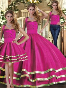 Eye-catching Fuchsia Lace Up Halter Top Ruffled Layers Quinceanera Gown Tulle Sleeveless