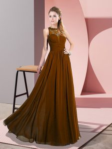 Luxury Scoop Sleeveless Zipper Dress for Prom Brown Chiffon
