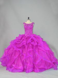 Fashionable Fuchsia Scoop Neckline Beading Sweet 16 Dress Sleeveless Lace Up