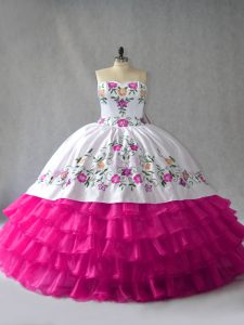 Custom Made Floor Length Lace Up 15th Birthday Dress Fuchsia for Sweet 16 and Quinceanera with Embroidery and Ruffled Layers