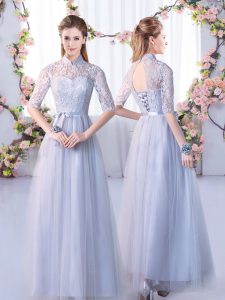 Sexy High-neck Half Sleeves Lace Up Court Dresses for Sweet 16 Grey Tulle