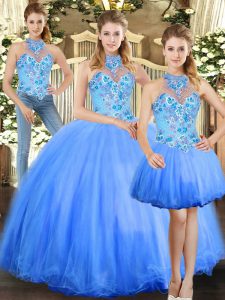 Shining Blue Halter Top Lace Up Embroidery Quinceanera Dresses Sleeveless