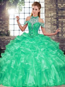  Halter Top Sleeveless Quinceanera Dresses Floor Length Beading and Ruffles Turquoise Organza