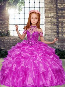  Lilac High-neck Neckline Beading and Ruffles Kids Formal Wear Sleeveless Lace Up