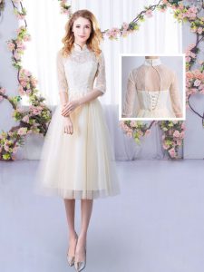  High-neck Half Sleeves Lace Up Court Dresses for Sweet 16 Champagne Tulle