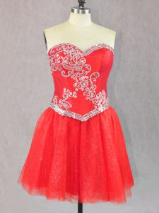 Amazing Red Tulle Lace Up Prom Dresses Sleeveless Mini Length Beading