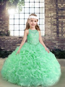 Charming Apple Green Sleeveless Beading and Ruffles Floor Length Pageant Gowns For Girls