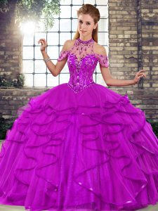 Designer Purple Halter Top Neckline Beading and Ruffles Quinceanera Gown Sleeveless Lace Up