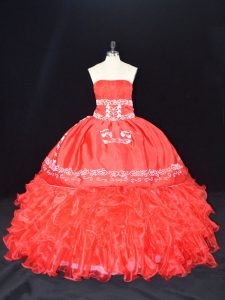  Floor Length Red Vestidos de Quinceanera Strapless Sleeveless Lace Up
