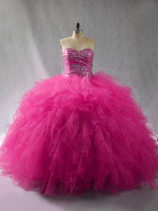 Clearance Fuchsia Vestidos de Quinceanera Sweet 16 and Quinceanera with Beading and Ruffles Halter Top Sleeveless Lace Up