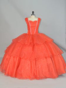  Orange Red Sleeveless Floor Length Beading and Ruffled Layers Lace Up Quince Ball Gowns