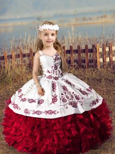 Excellent Straps Sleeveless Lace Up Pageant Gowns For Girls Wine Red Organza