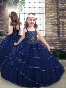 Stunning Navy Blue Sleeveless Beading Floor Length Little Girl Pageant Dress