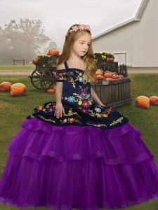  Purple Tulle Lace Up Little Girls Pageant Gowns Sleeveless Floor Length Embroidery and Ruffled Layers
