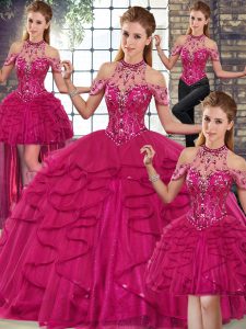  Sleeveless Tulle Floor Length Lace Up Vestidos de Quinceanera in Fuchsia with Beading and Ruffles